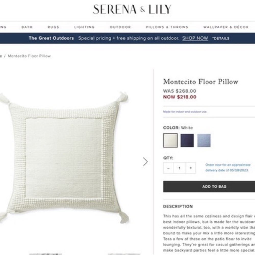 Serena & Lily Montecito Floor Pillow Excellent Condition